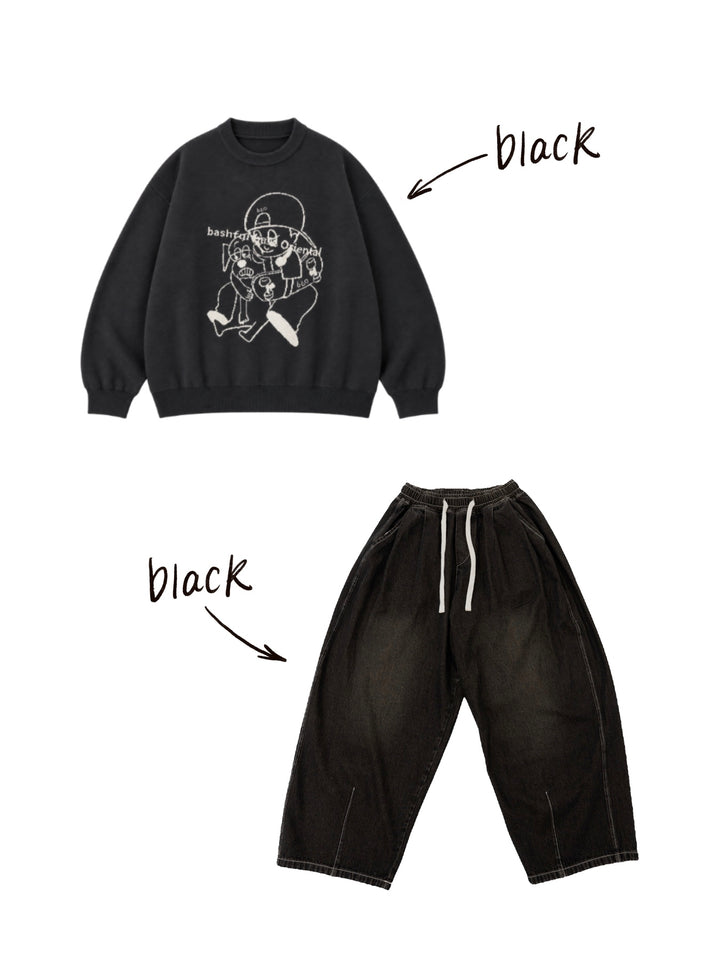 【bbO】バッシュフルくんニットプルオーバーx【bbO】イージーコクーンワイドデニムパンツ（2枚組み）
