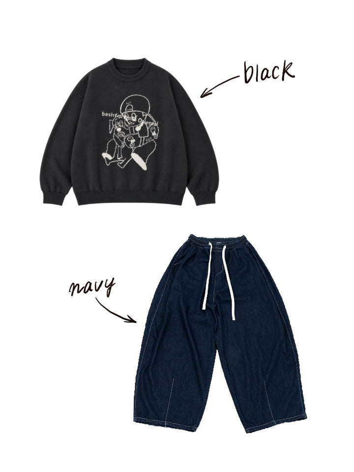 【bbO】バッシュフルくんニットプルオーバーx【bbO】イージーコクーンワイドデニムパンツ（2枚組み）