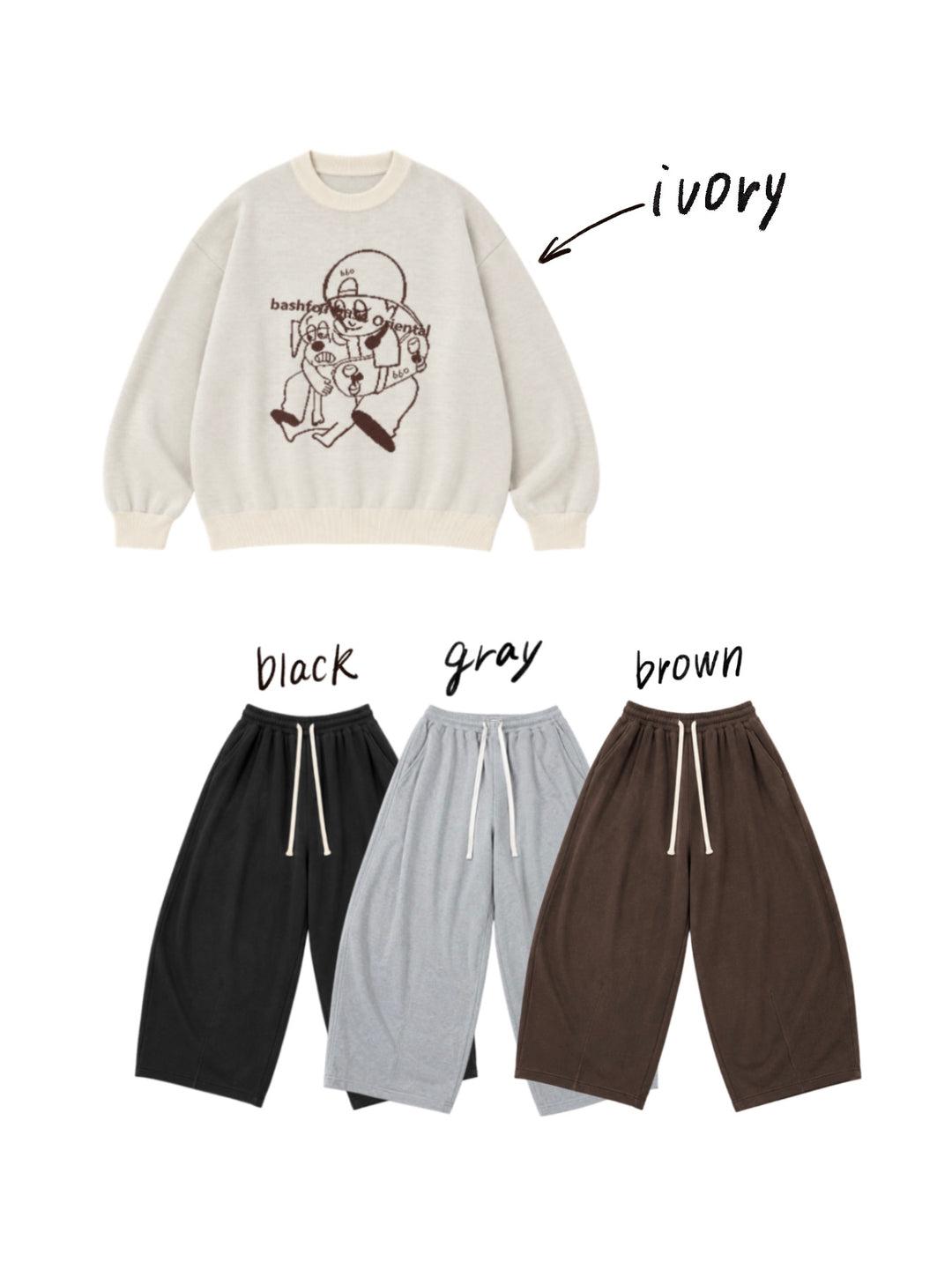 【一部カラーサイズ予約】【bbO】バッシュフルくんニットプルオーバーx【bbO】イージーコクーンワイドスウェットパンツ（2枚組み）