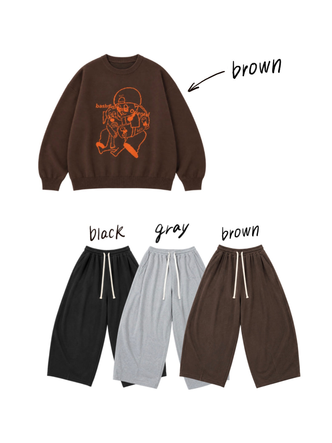 【一部カラーサイズ予約】【bbO】バッシュフルくんニットプルオーバーx【bbO】イージーコクーンワイドスウェットパンツ（2枚組み）