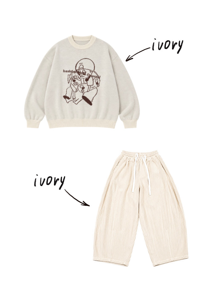 【一部カラーサイズ予約】【bbO】バッシュフルくんニットプルオーバーx【bbO】イージーコクーンワイドコーデュロイパンツ（2枚組み）
