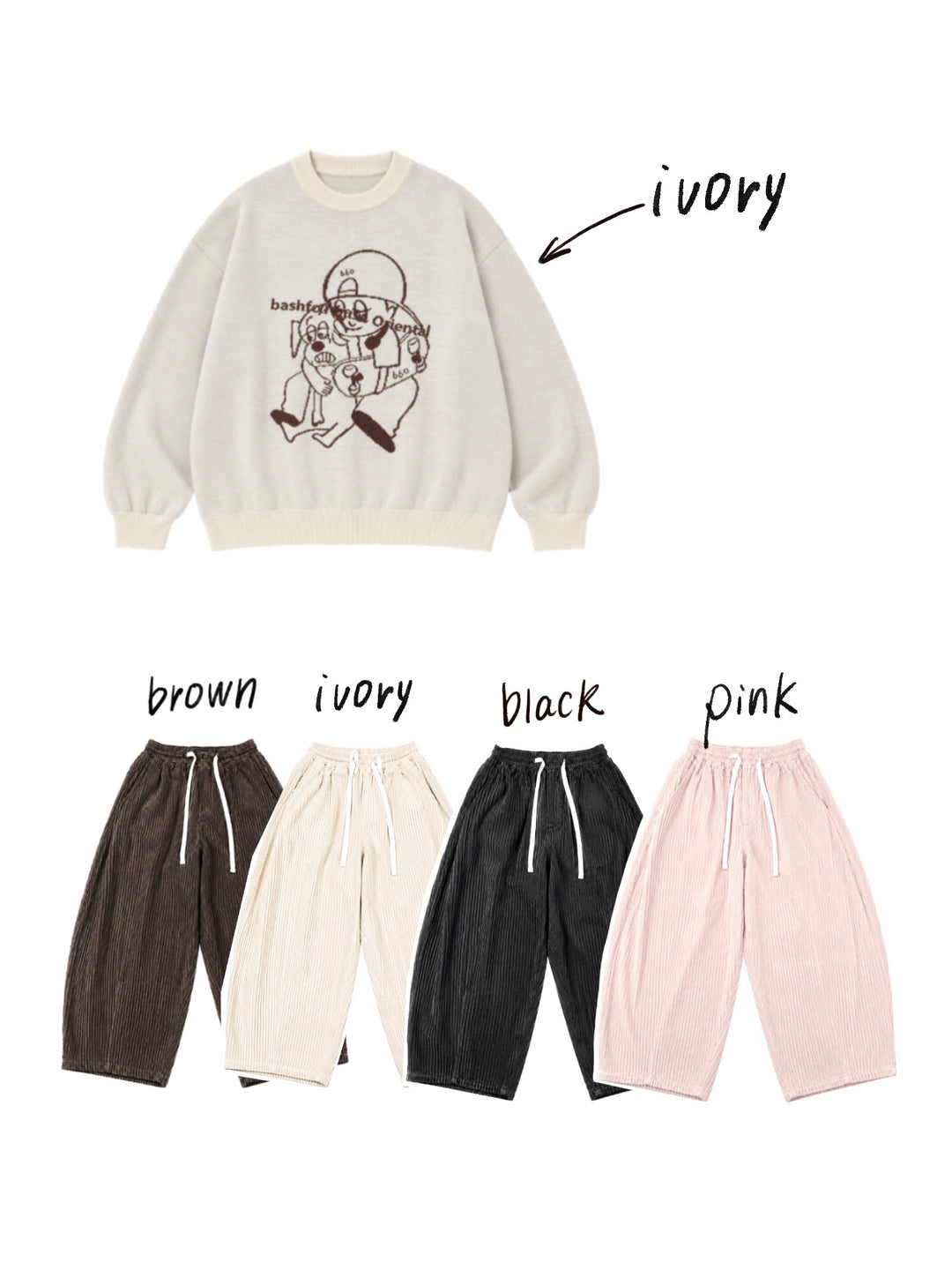 【一部カラーサイズ予約】【bbO】バッシュフルくんニットプルオーバーx【bbO】イージーコクーンワイドコーデュロイパンツ（2枚組み）