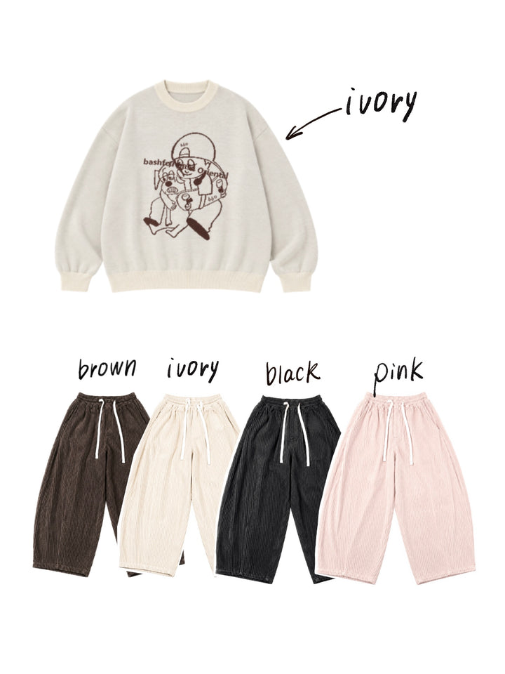 【一部カラーサイズ予約】【bbO】バッシュフルくんニットプルオーバーx【bbO】イージーコクーンワイドコーデュロイパンツ（2枚組み）