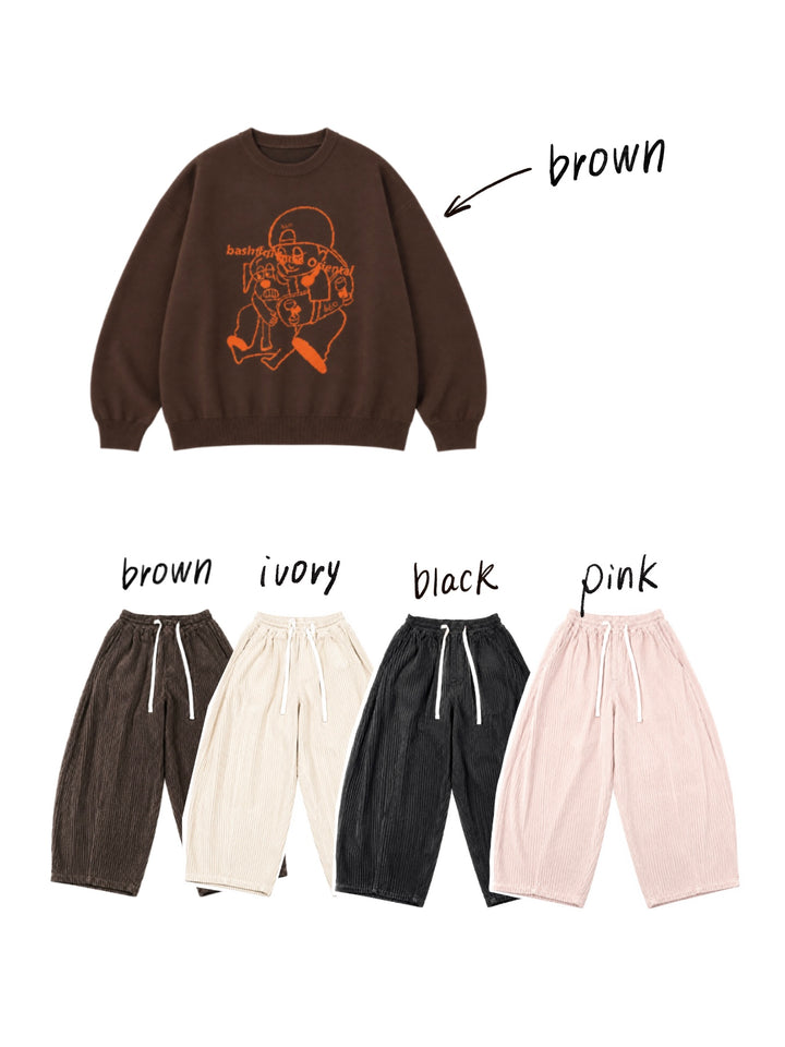 【一部カラーサイズ予約】【bbO】バッシュフルくんニットプルオーバーx【bbO】イージーコクーンワイドコーデュロイパンツ（2枚組み）