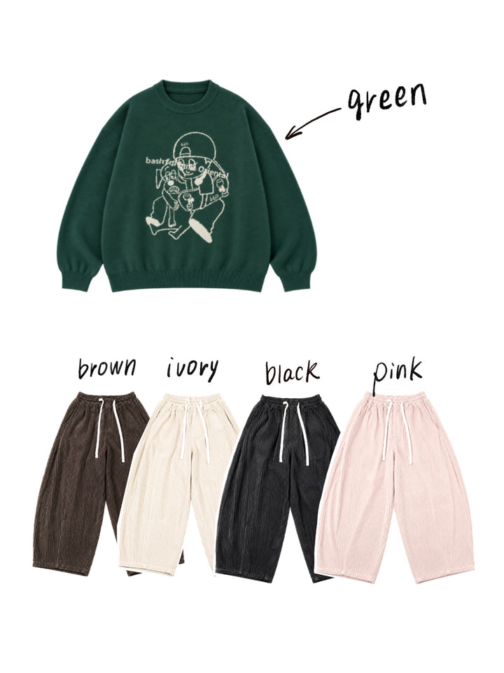 【一部カラーサイズ予約】【bbO】バッシュフルくんニットプルオーバーx【bbO】イージーコクーンワイドコーデュロイパンツ（2枚組み）