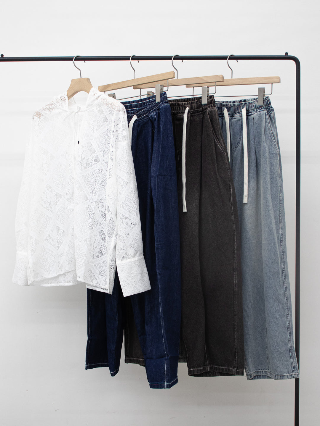 [SET]【bbO】ブロックレースフーデッドシャツブラウス+【bbO】カーブラインブラウンデニムパンツ(2set)
